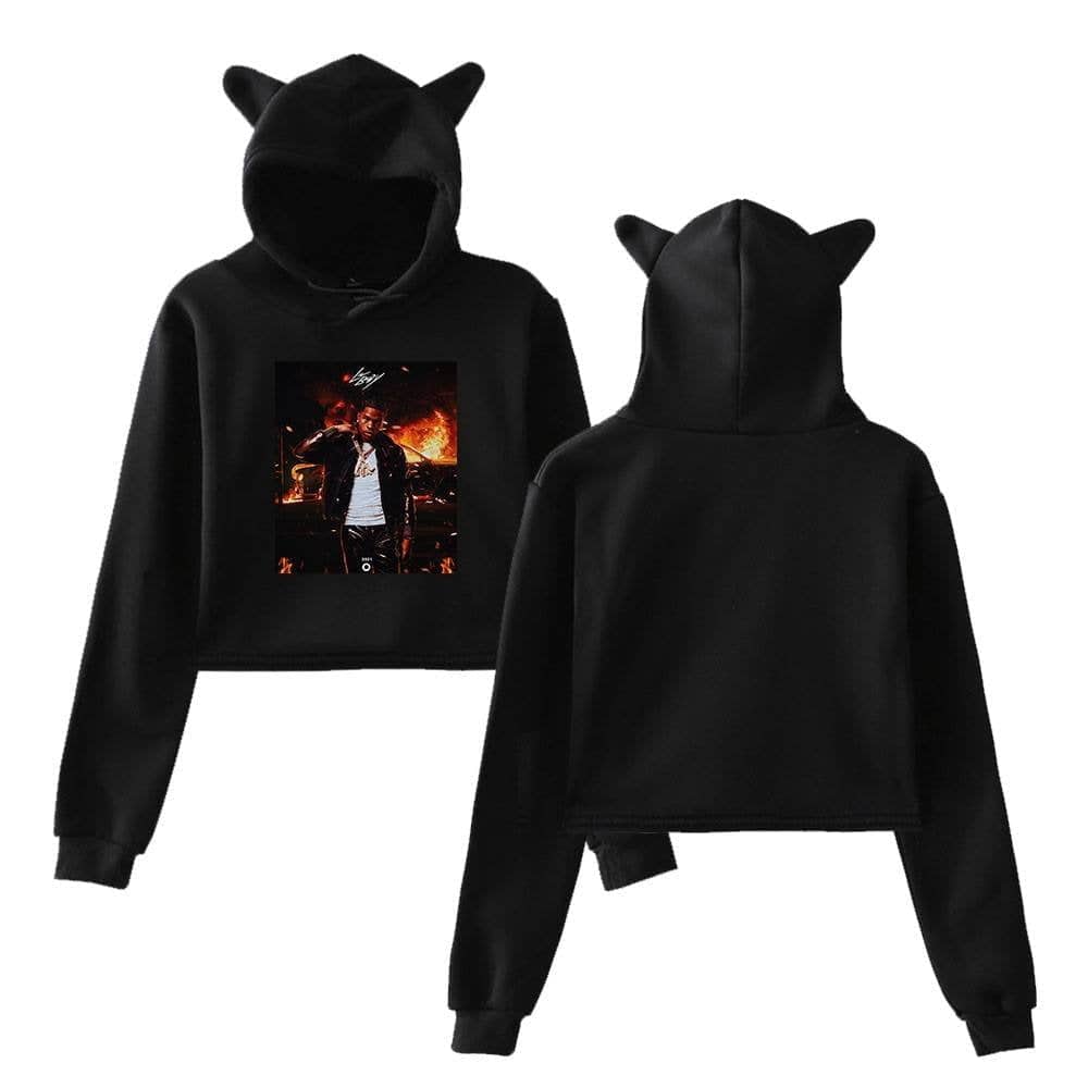 Black hoodie with a graphic print of a male model in front of a fiery background, featuring horn-like ears on the hood, perfect for latest cheap apparel.