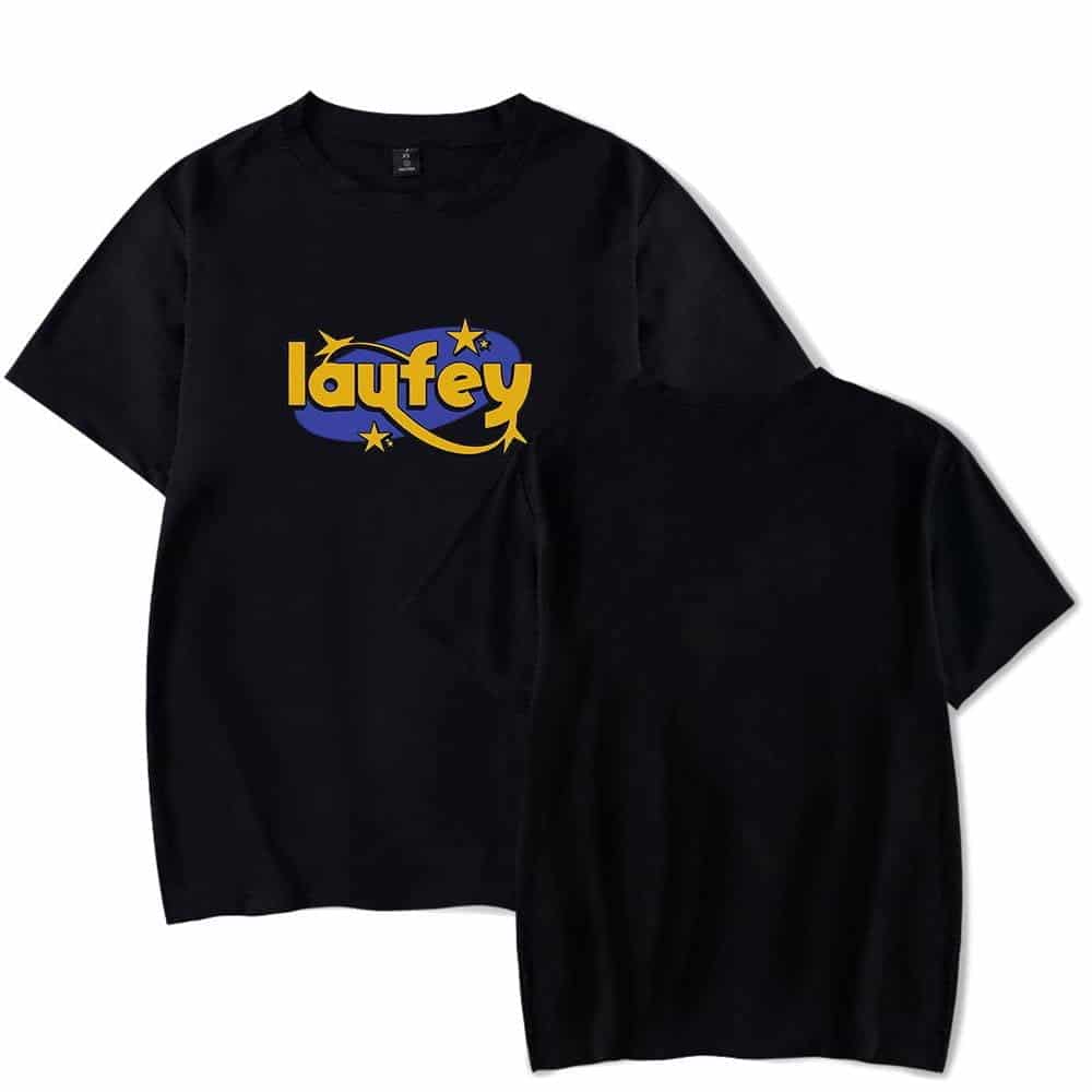 Laufey graphic t-shirt with space-themed design and bold yellow text on black background.