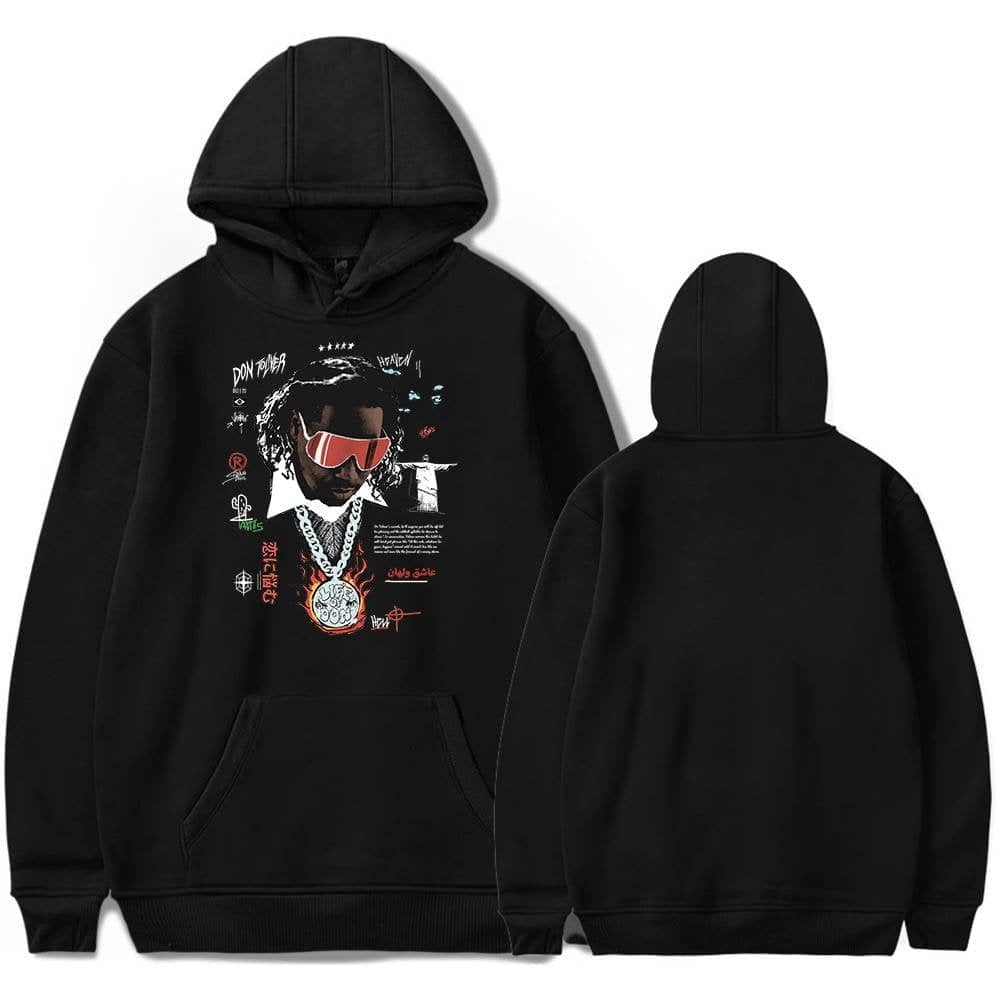 High-quality black hoodie featuring a vibrant graphic of a rapper with sunglasses and chains, available in latest trendy styles for affordable prices. Perfect for streetwear fashion.