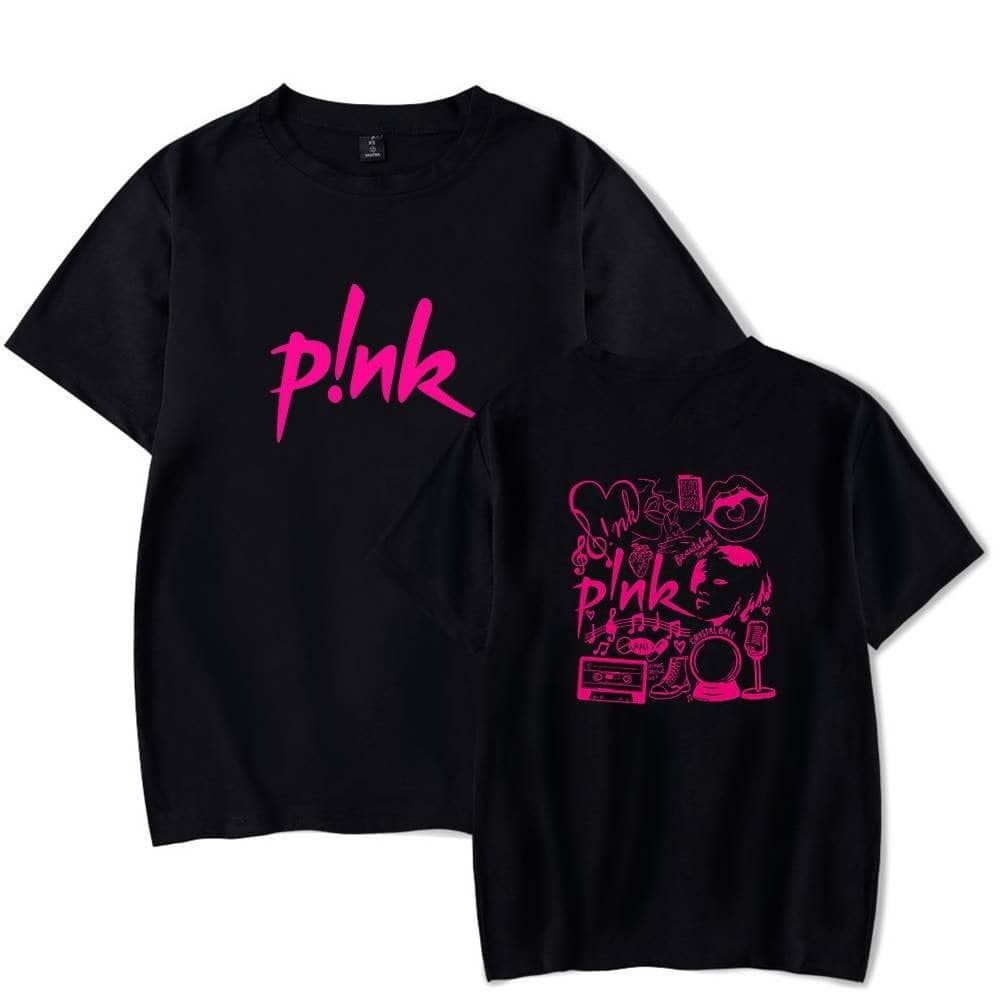 P!nk black graphic t-shirts, latest cheap apparel for casual wear and concerts, featuring bold pink designs and lyrics, perfect for fans of the singer looking for stylish yet affordable clothing options, lightweight and comfortable.
