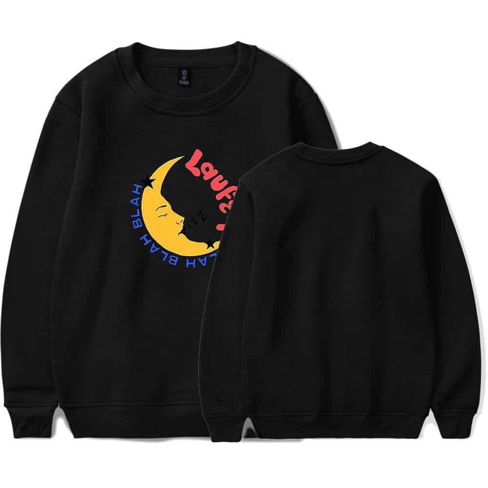 Black sweatshirt with moon and star graphic, featuring colorful text that says "Loving 24/7," ideal for latest affordable apparel collections.