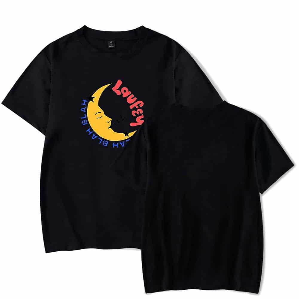 Moon graphic T-shirt with "Thoughts Later" and "Laid Back" text, black color, casual latest cheap apparel.
