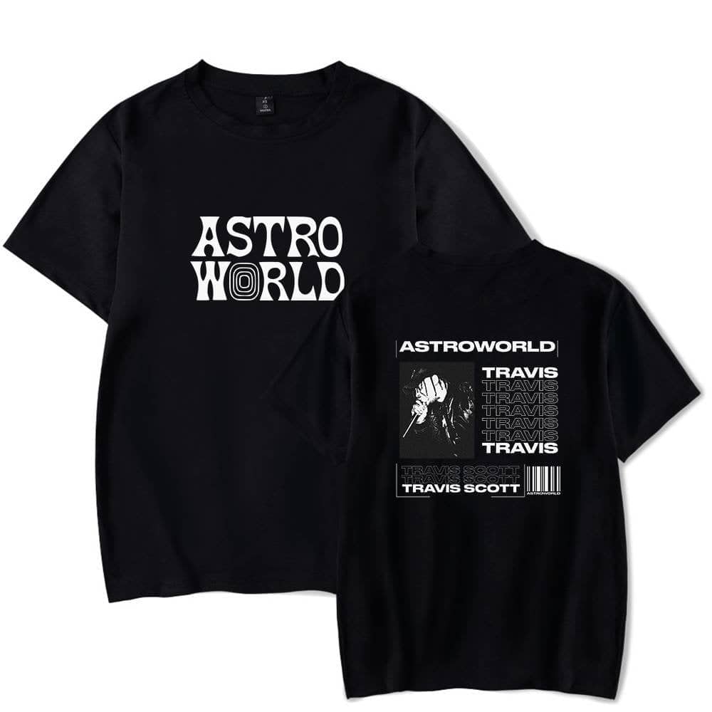 Astroworld band t-shirt with black and white graphic design, featuring Travis Scott. Perfect for streetwear or casual outfits, offering the latest in affordable fashion trends.