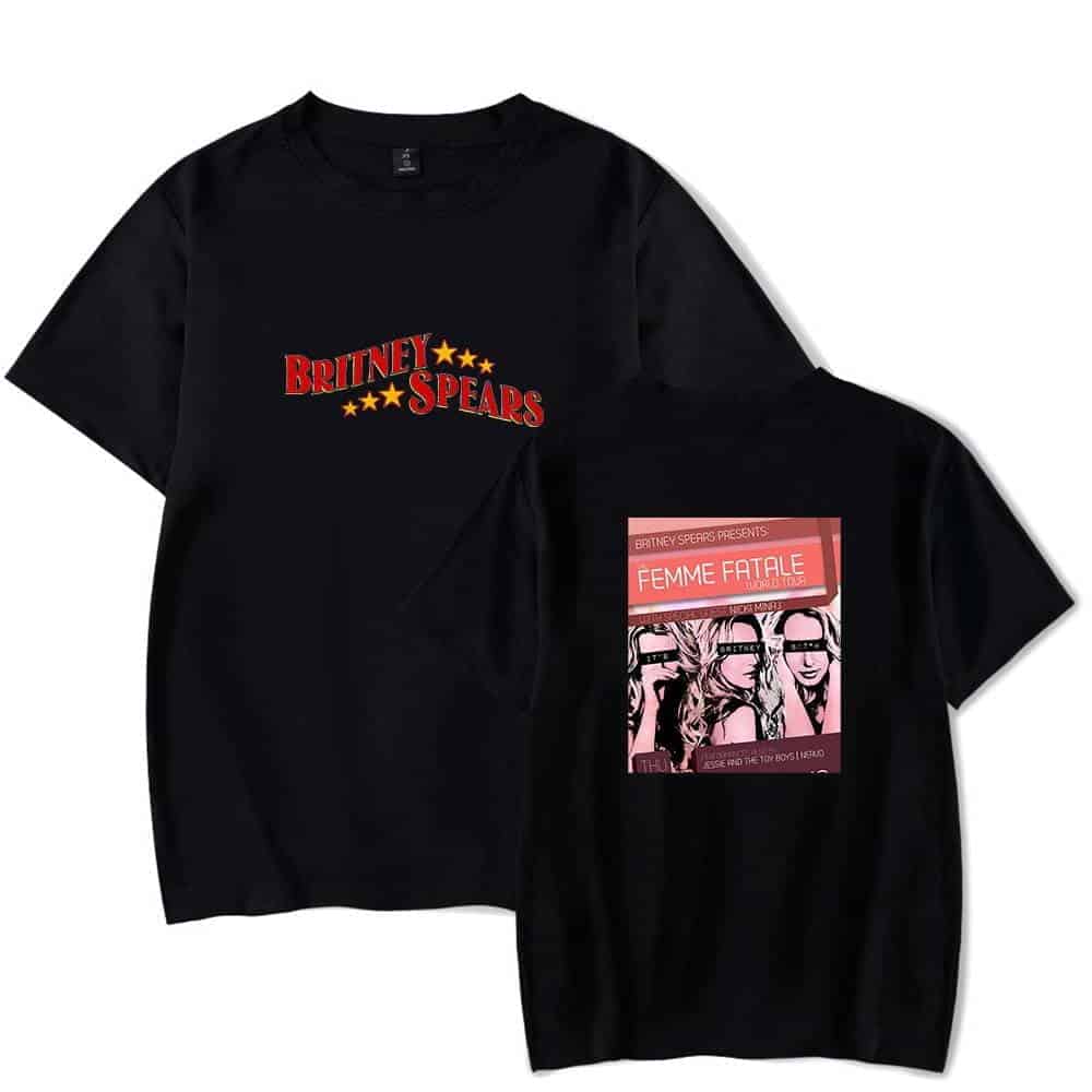 BRITNEY SPEARS black graphic t-shirt, latest cheap apparel, featuring bold red and yellow text and an album cover design. Perfect for fans looking for affordable, trendy clothing options.