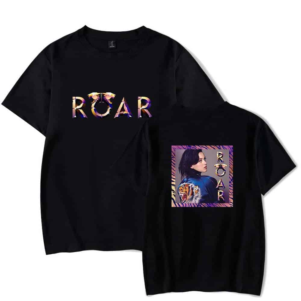 ROAR black graphic t-shirts with colorful text and bold design elements.