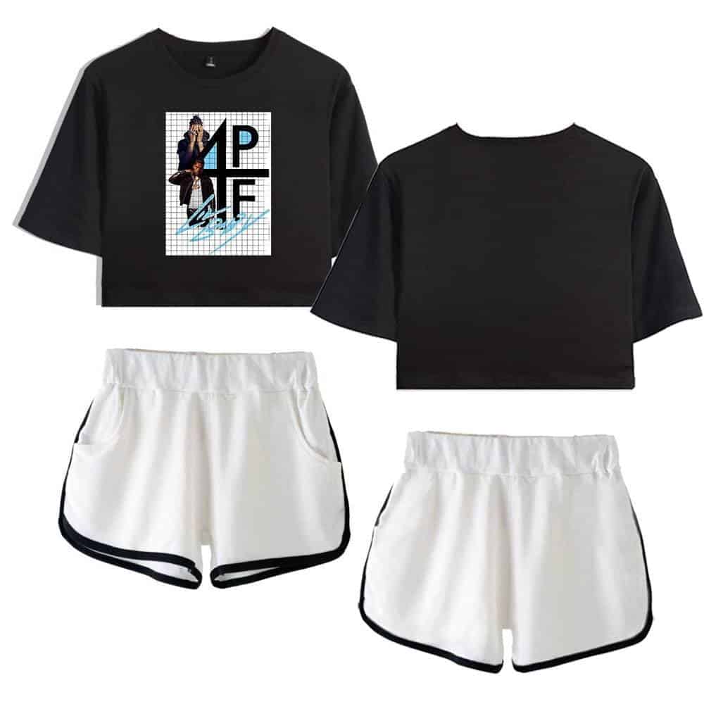 MPLF graphic crop top and sports shorts set, trendy and affordable casual wear for active lifestyles.