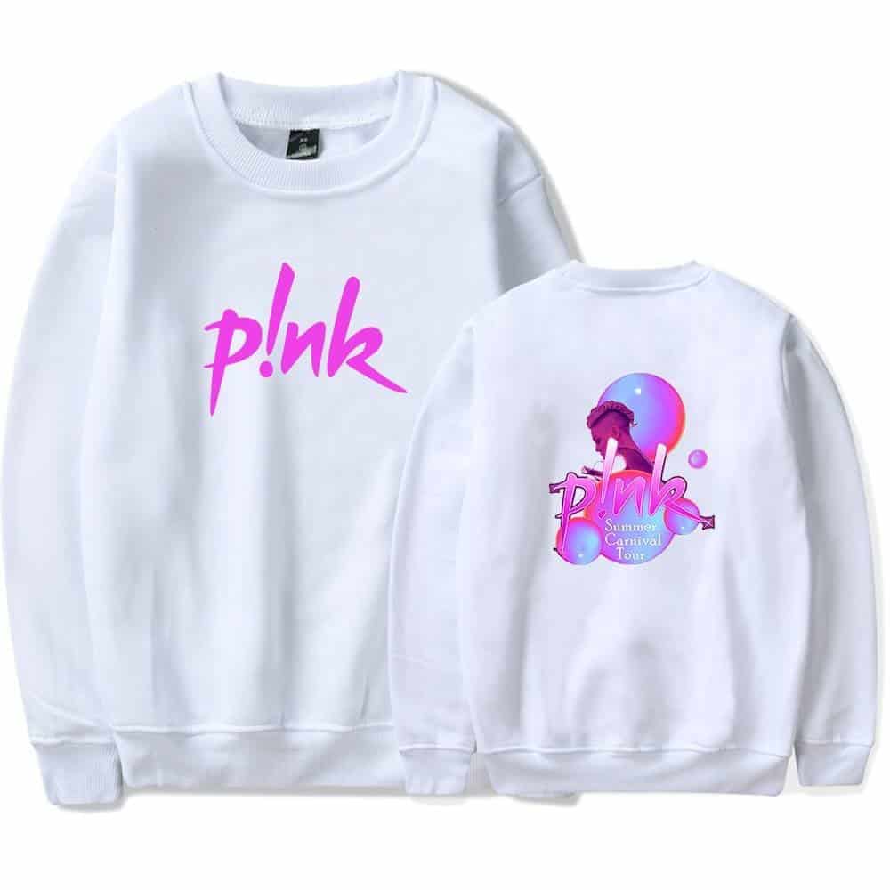 Pink sweatshirt with "pink" logo and summer carnival tour graphic, latest cheap apparel, casual and trendy summer clothing options.