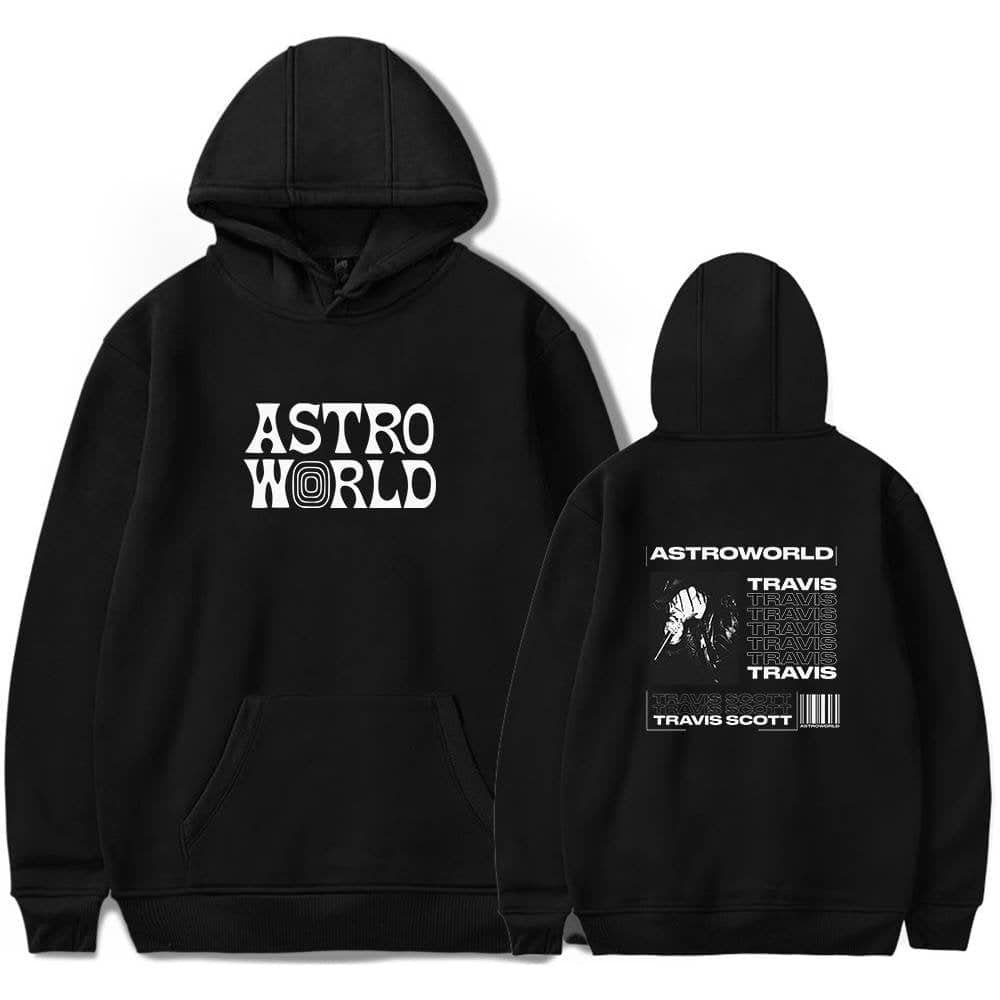 Astrorworld black hoodie with graphic design on front and back promoting Travis Scott, perfect for latest cheap apparel enthusiasts.
