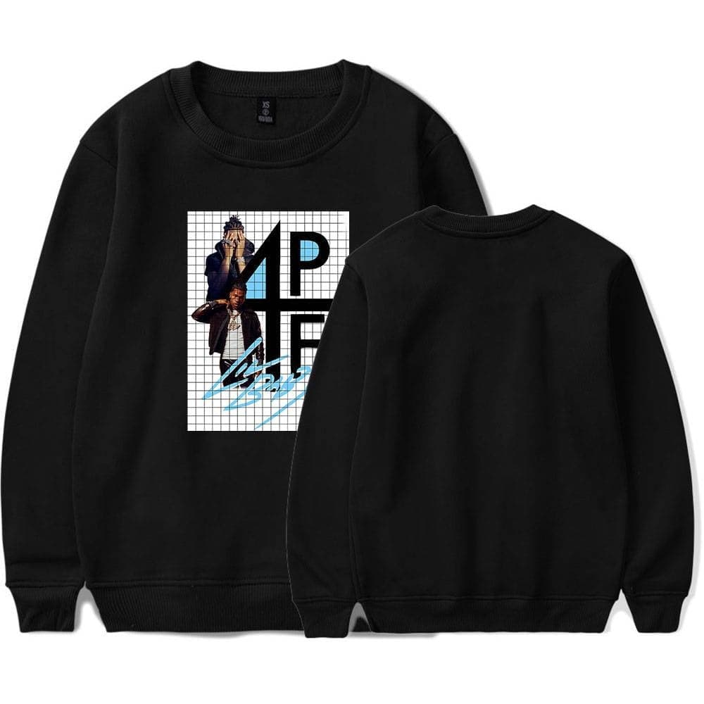 Hoodie with graphic design featuring two men, urban street style, black color, latest cheap apparel.