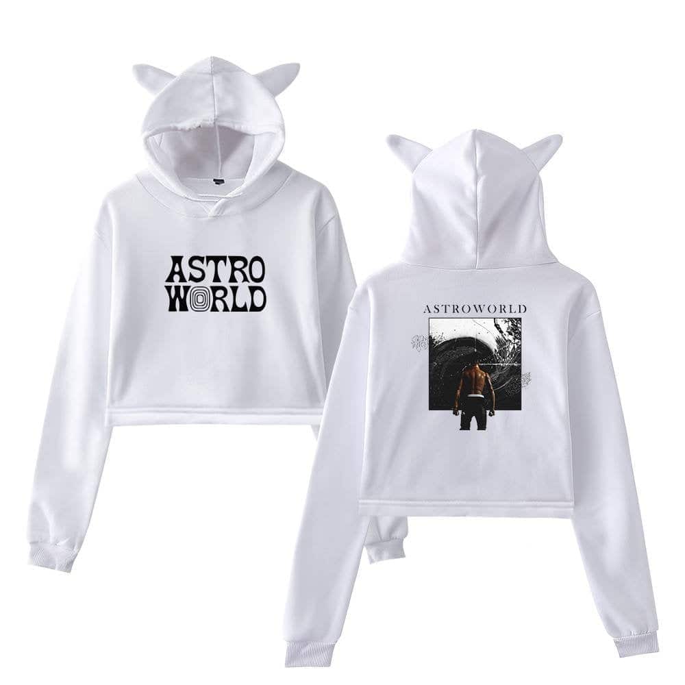 Comfy white hoodie set with "ASTRO WORLD" logo and graphic print, featuring playful cat ears on the hood for a cute, trendy look.