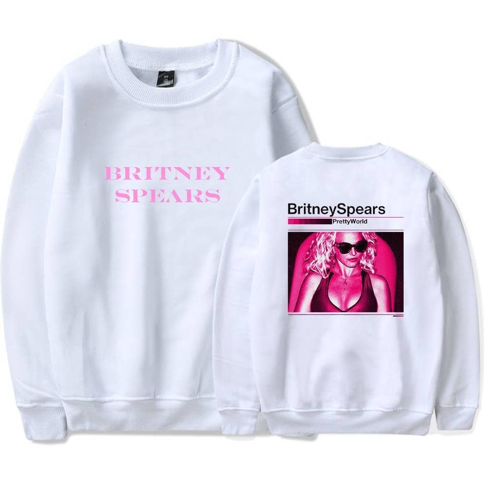 Latest cheap apparel, white sweatshirt with Britney Spears graphic print and text.
