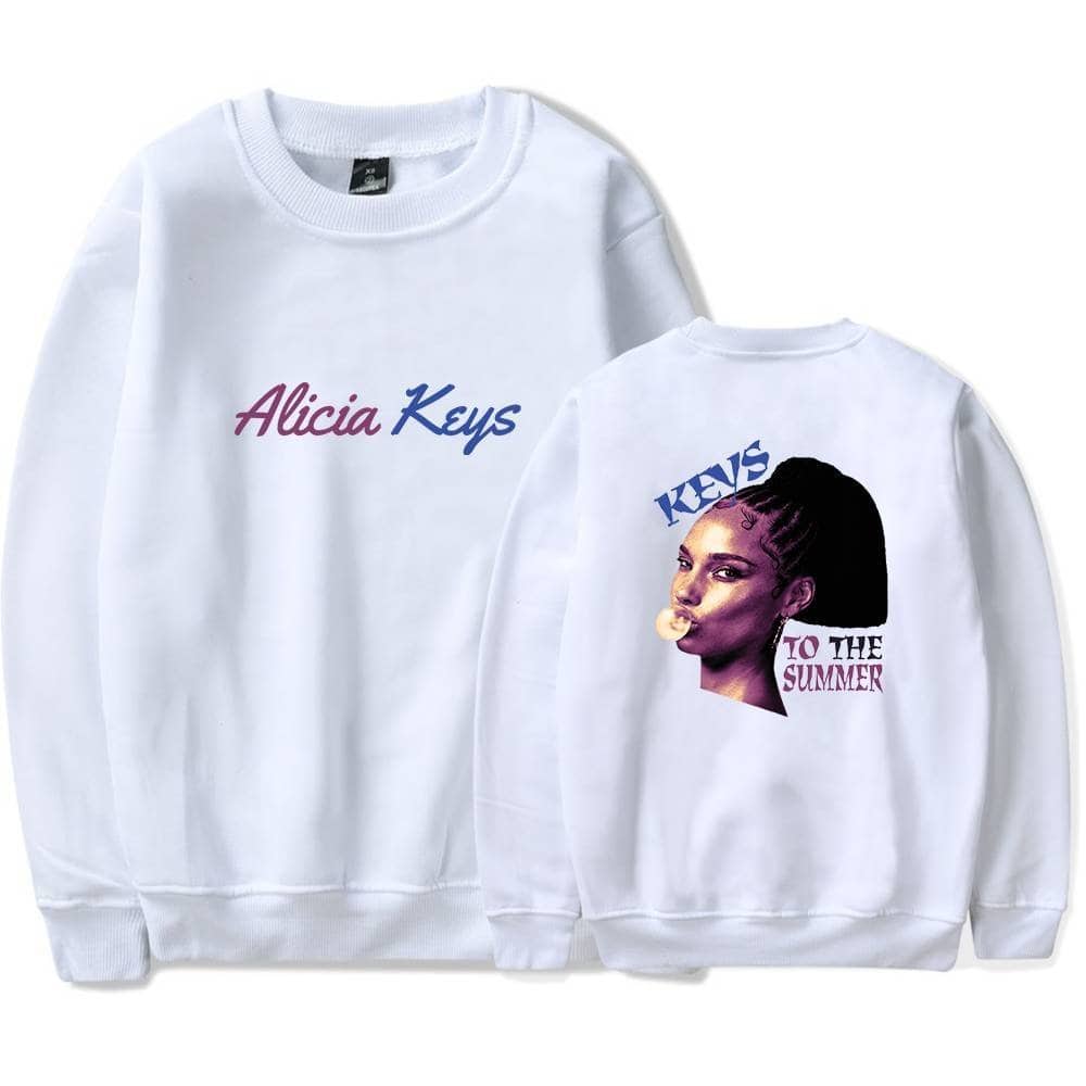 Alicia Keys sweatshirt with front and back design, featuring stylish text and artwork, perfect for latest cheap apparel collection.