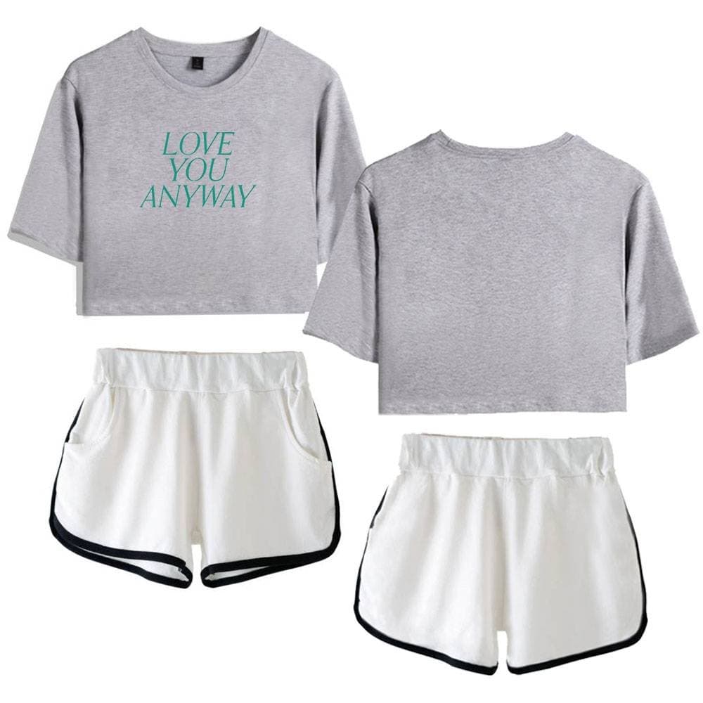 Cheap casual women's outfit with grey cropped t-shirts and white shorts, ideal for summer or casual wear.
