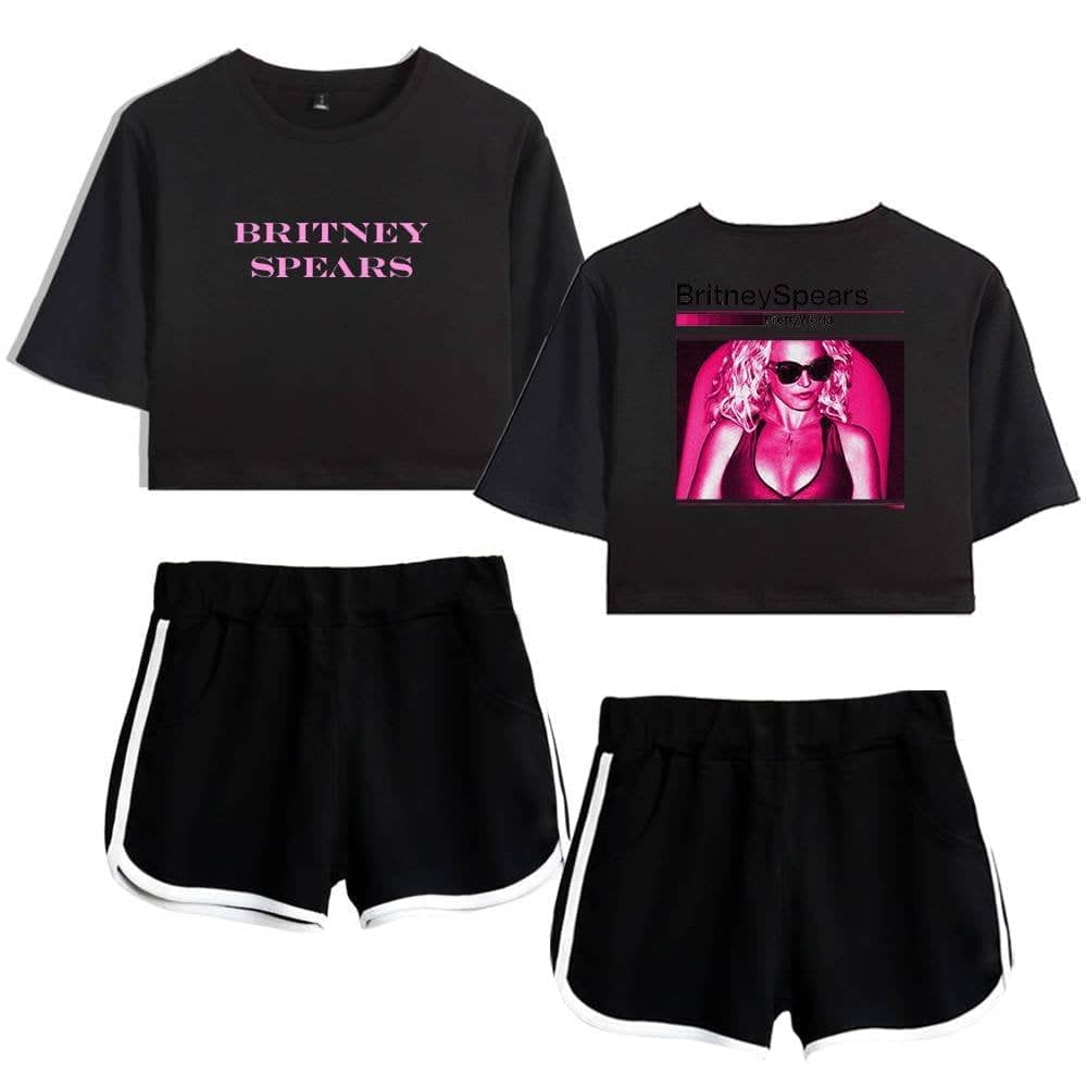 Black Britney Spears graphic crop top and matching shorts set, latest trendy and affordable apparel for casual wear, featuring bold print and comfortable fit, perfect for fashion-forward individuals.