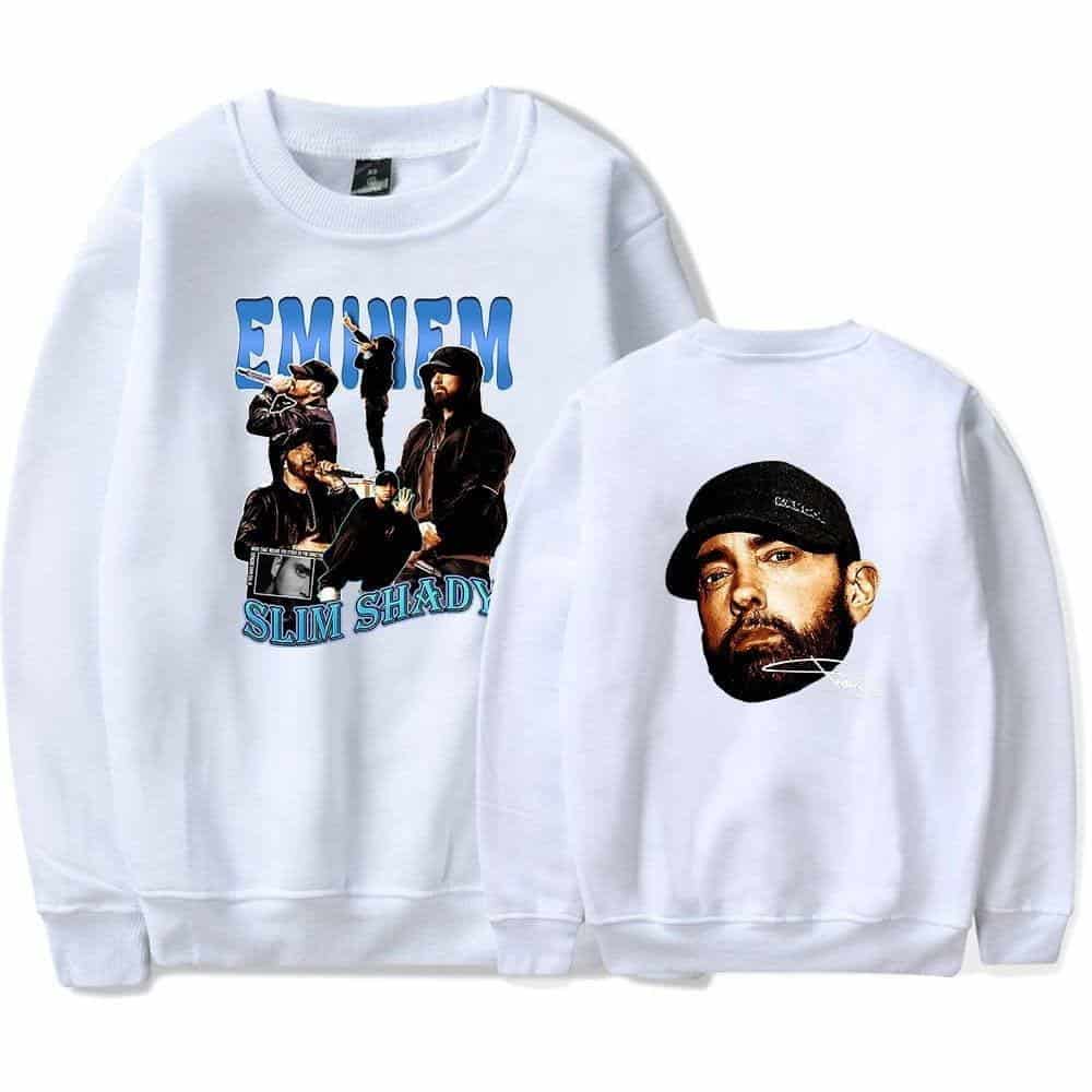Latest cheap apparel, white sweatshirt featuring Eminem and Slim Shady graphic designs, modern streetwear style, casual and trendy, suitable for music fans and urban fashion enthusiasts.