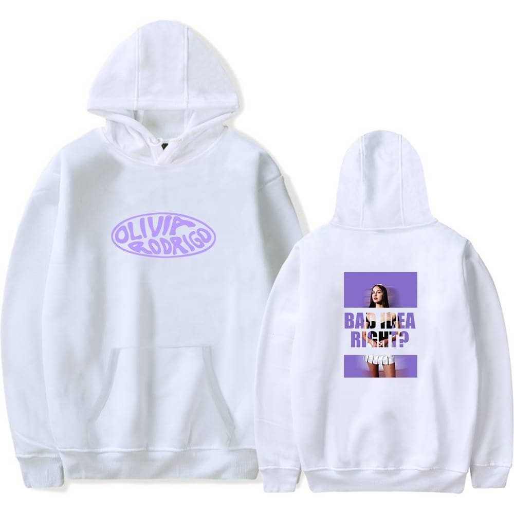 "Olivia Rodrigo hoodie with purple text and graphic print, latest cheap apparel for trendy casual wear.".