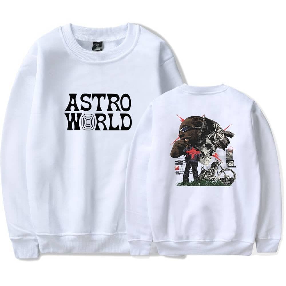 Astro World sweatshirt with graphic design and bold text, perfect for casual wear.