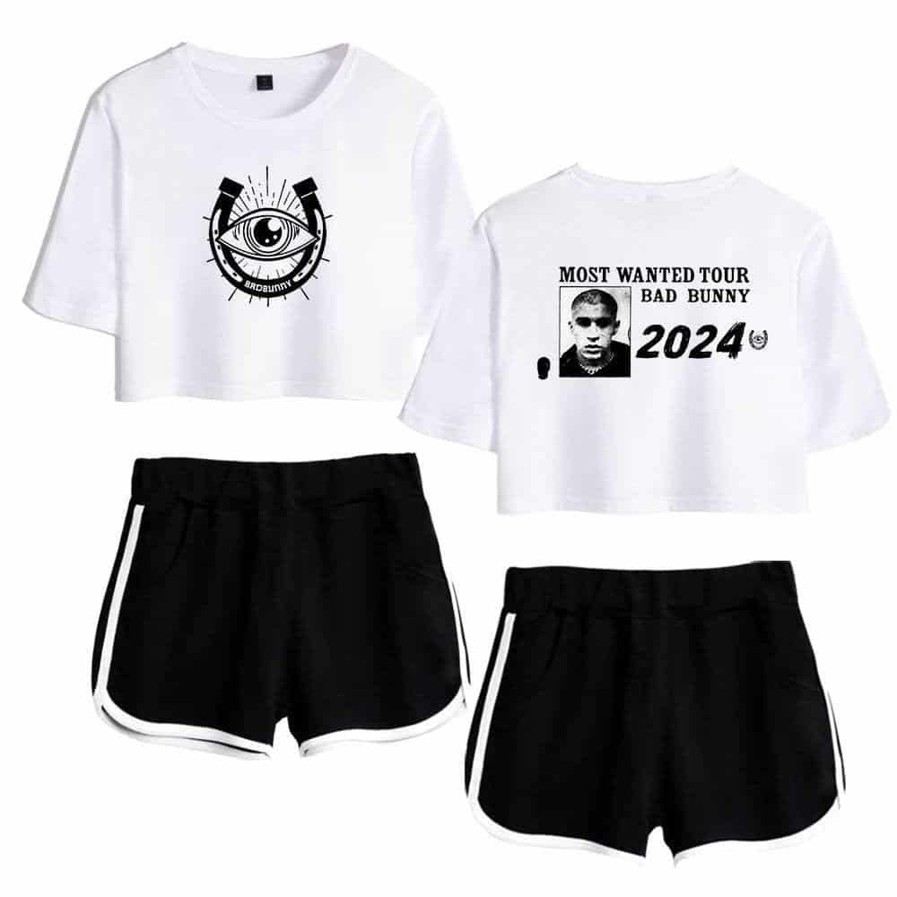 Eyeball and horseshoe graphic cropped top with black and white shorts, trendy casual streetwear outfit, latest cheap apparel, stylish and affordable clothing for women and men, summer fashion accessories.