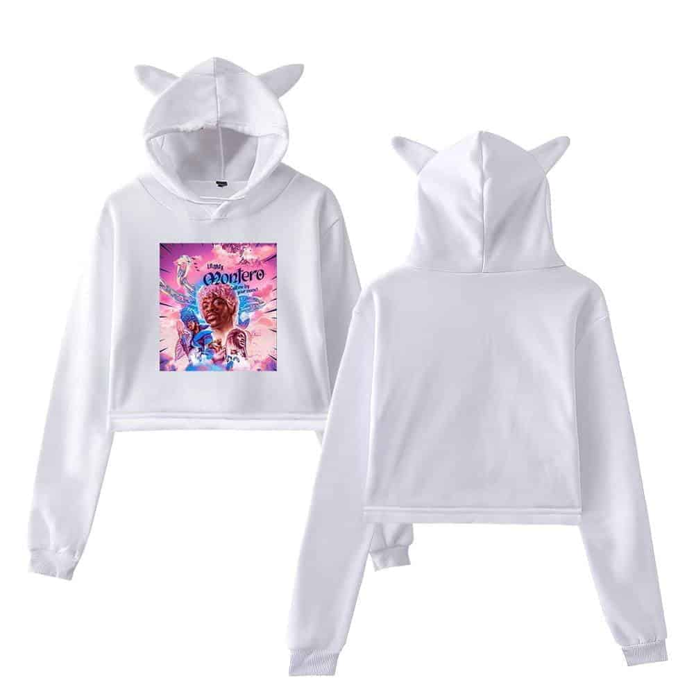 White hoodie and sweatpants set with playful cat ear hoods and colorful graphic design, perfect for latest affordable streetwear and casual wear.
