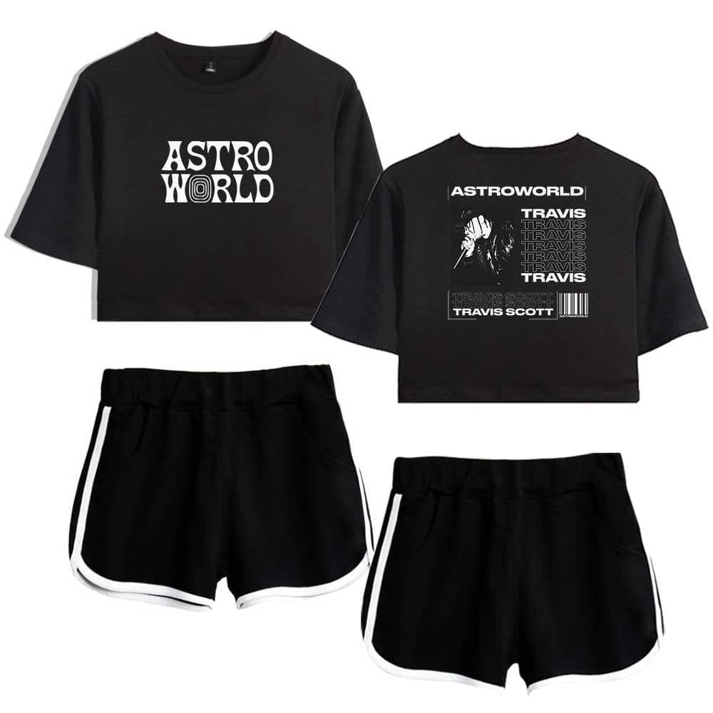 Astro world graphic crop tops and sporty shorts, trendy and affordable casual wear, perfect for street style or lounging, latest budget-friendly apparel options for a fashionable look.
