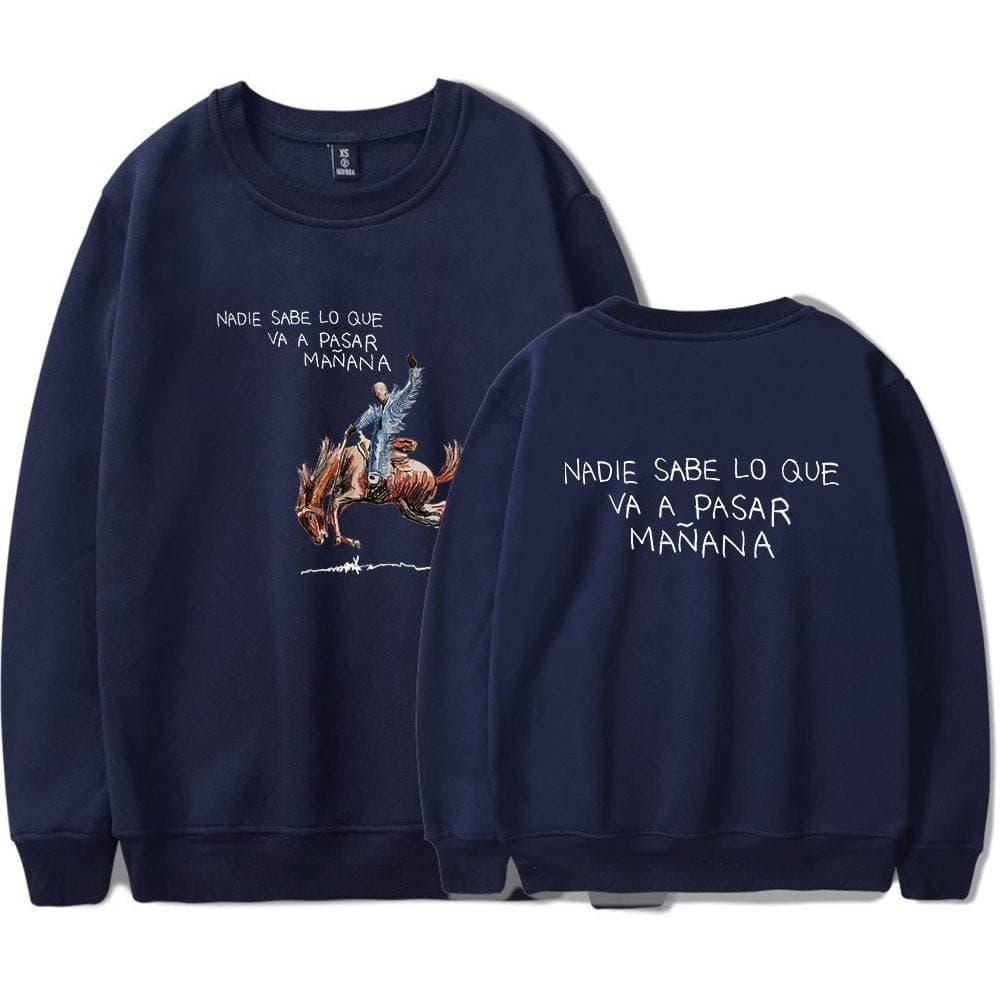 Nobody knows what will happen tomorrow sweatshirt, dark blue, casual wear with a graphic of a person riding a horse and Spanish text.