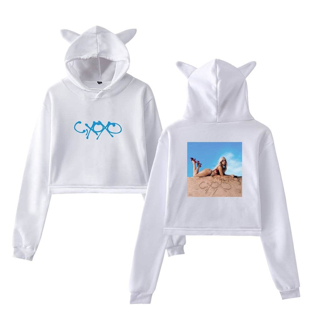 - simple white hoodie with playful graphic design and animal ears hood.