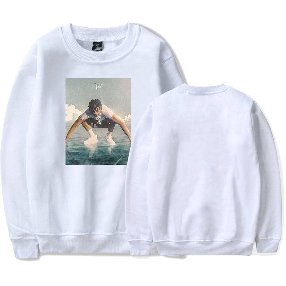 White sweatshirt featuring a graphic print of a person squatting in water with a cloudy sky background.