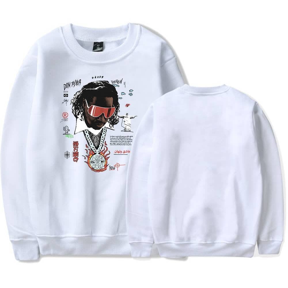 Don rapper graphic sweatshirt with colorful street art print, oversized fit, casual style, latest cheap apparel for streetwear enthusiasts.