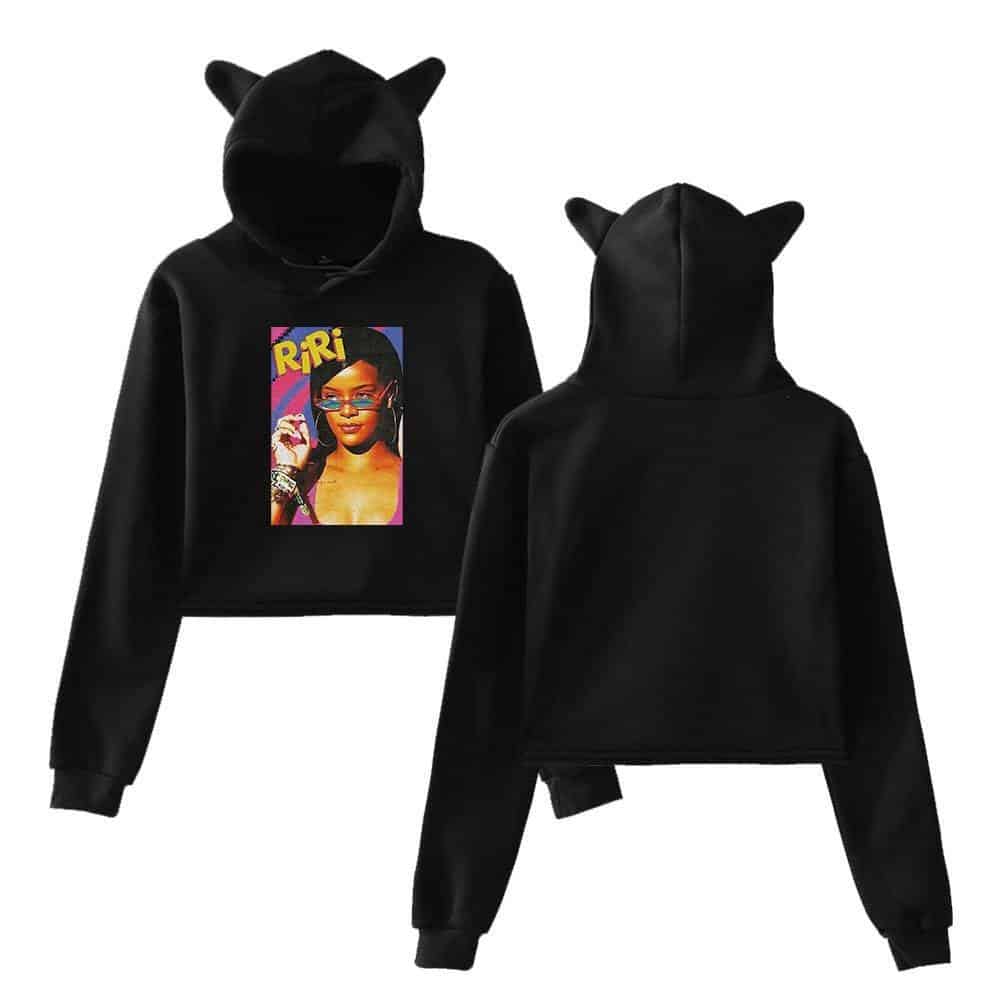 Riri graphic hoodie with cat ears, black casual sweatshirt for women and teens, latest cheap apparel trend, stylish and affordable streetwear, versatile fashion piece.