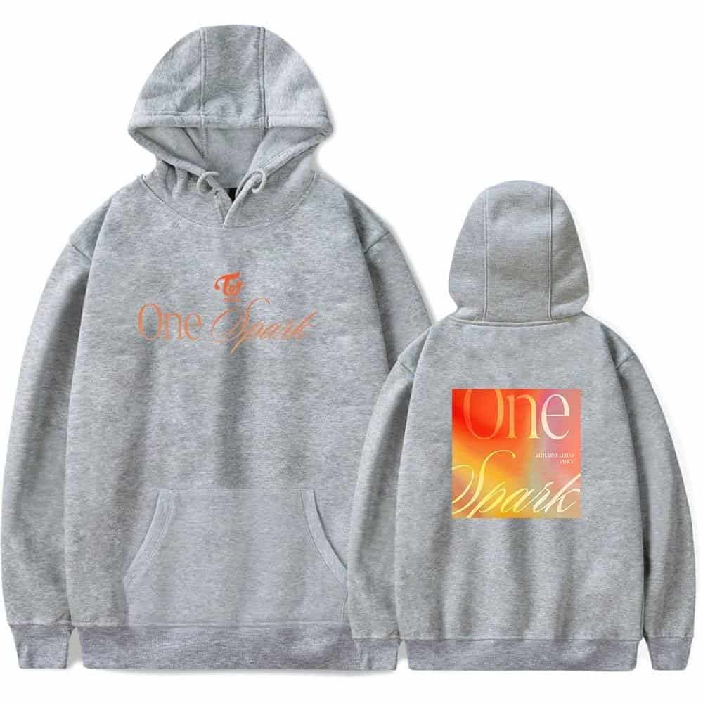 Cheap gray hoodie with "One Spark" text in orange and beige, latest trendy affordable apparel, comfortable streetwear, casual hoodie for everyday wear, stylish and budget-friendly clothing.