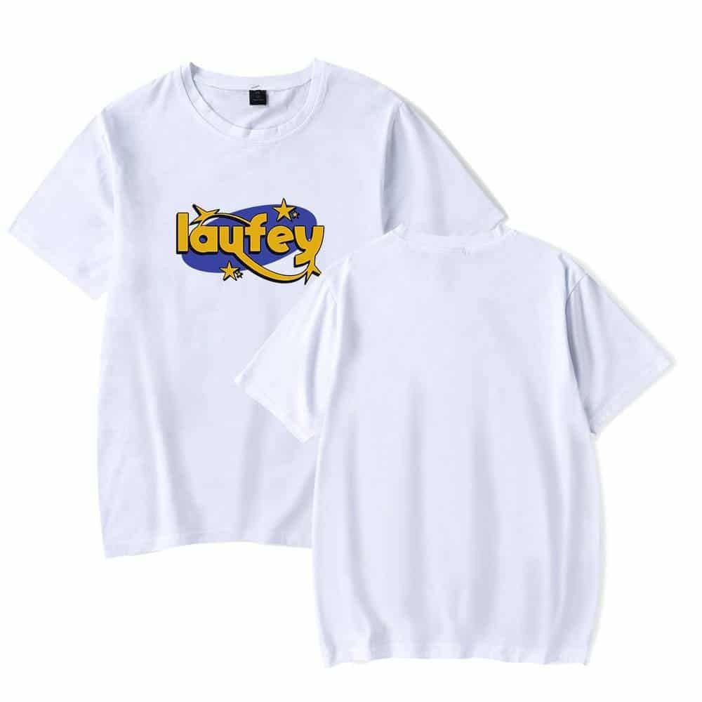 Laufey white graphic t-shirt with bold colorful logo and star design, latest affordable casual wear for men and women.