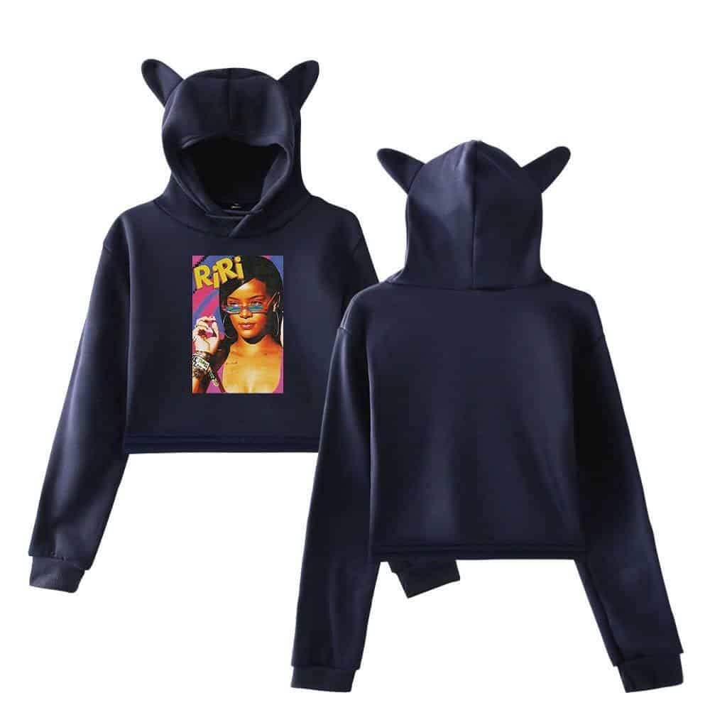 2. Cute black hoodie with cat ears and graphic print of a woman wearing glasses, perfect for trendy casual wear.
