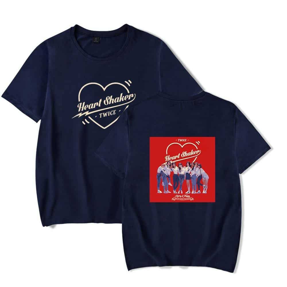 Heart shaker TWICE t-shirt with a heart graphic and group image on the back navy blue casual apparel.