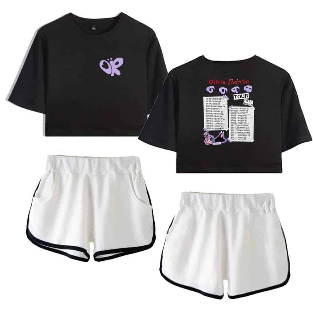 Black crop top with purple butterfly graphic, white sporty shorts with black trim, suitable for casual or athletic wear.