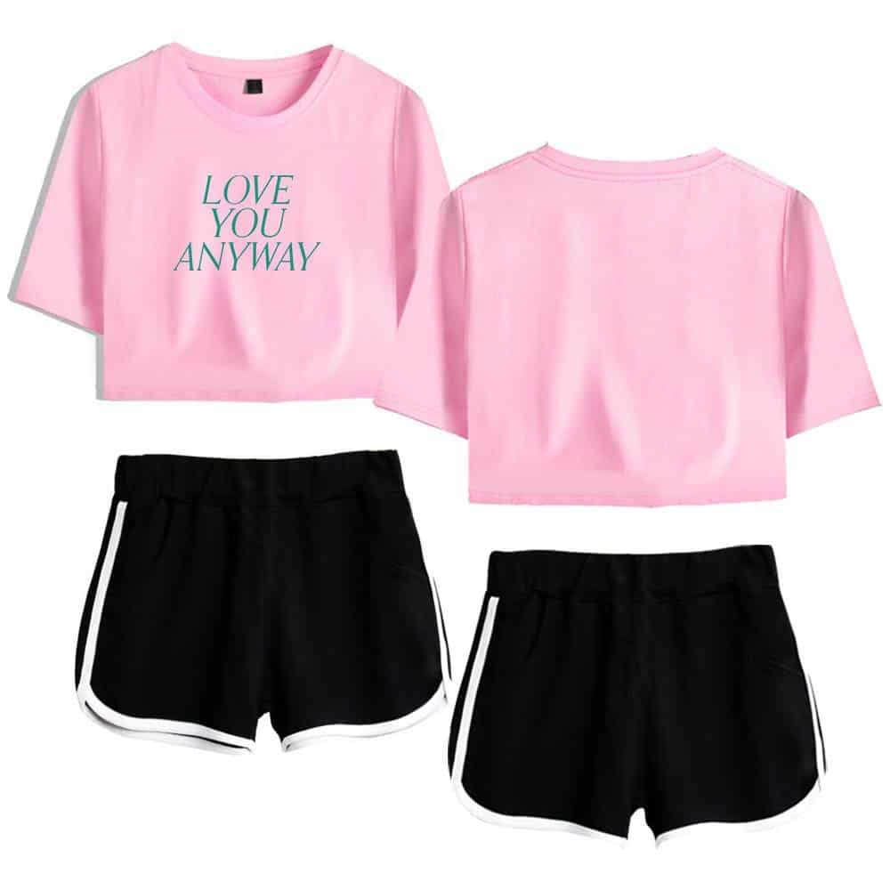 Love you anyway pink cropped t-shirt with black athletic shorts, casual latest cheap apparel, comfortable and stylish for everyday wear.
