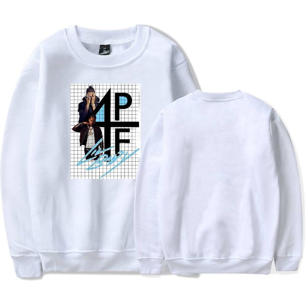 White sweatshirt with graphic print of two stylish individuals, featuring bold black letters and a blue signature-style line, perfect for latest affordable apparel.