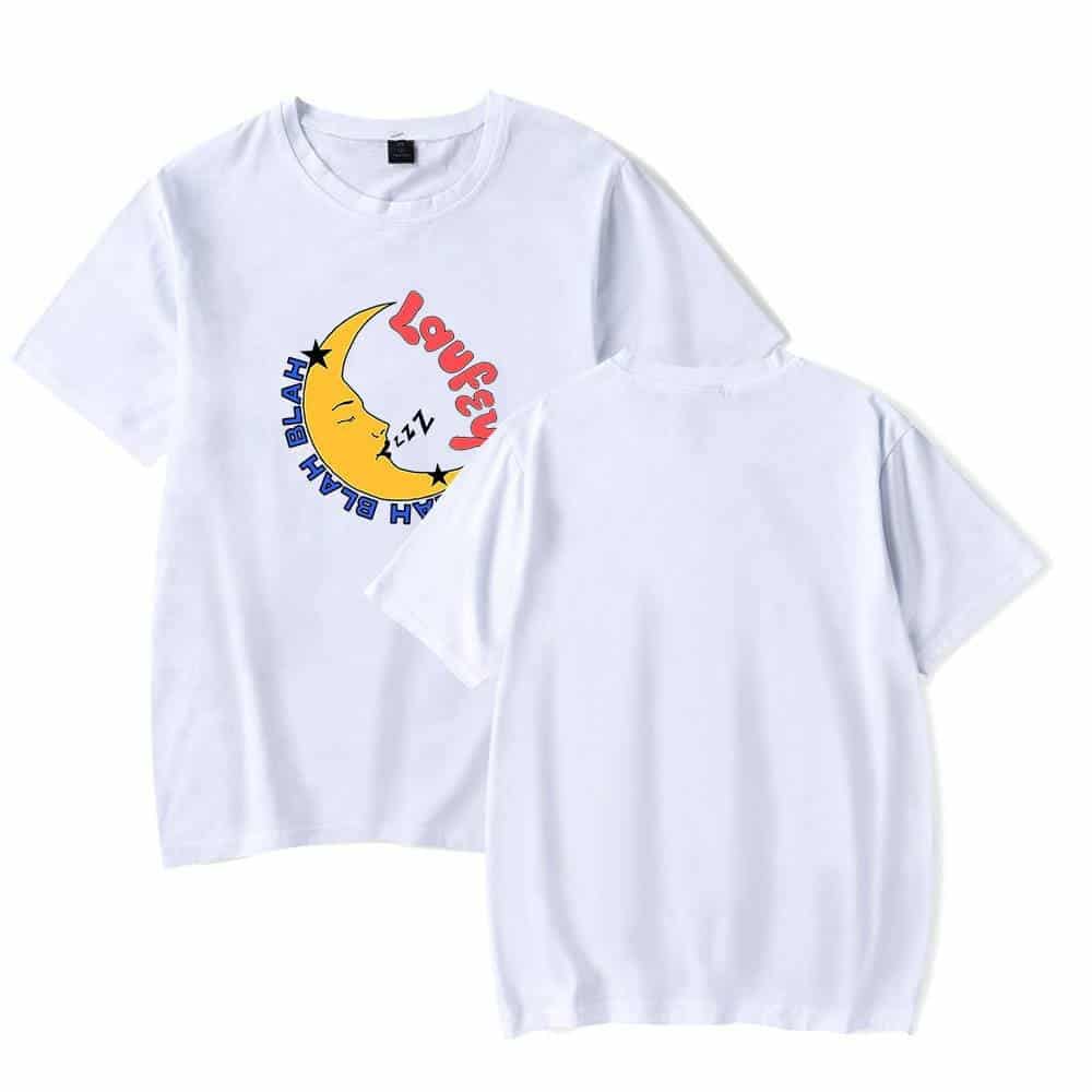 White graphic t-shirt with moon and text design, casual and affordable latest cheap apparel.