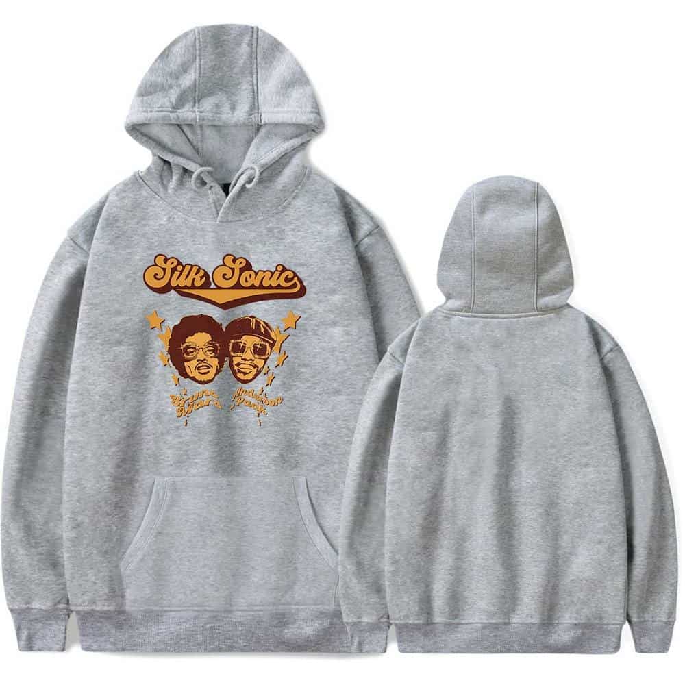 Comfortable grey hoodie with "Jill Soniq" graphic and retro-style illustrated portraits, perfect for latest cheap apparel.