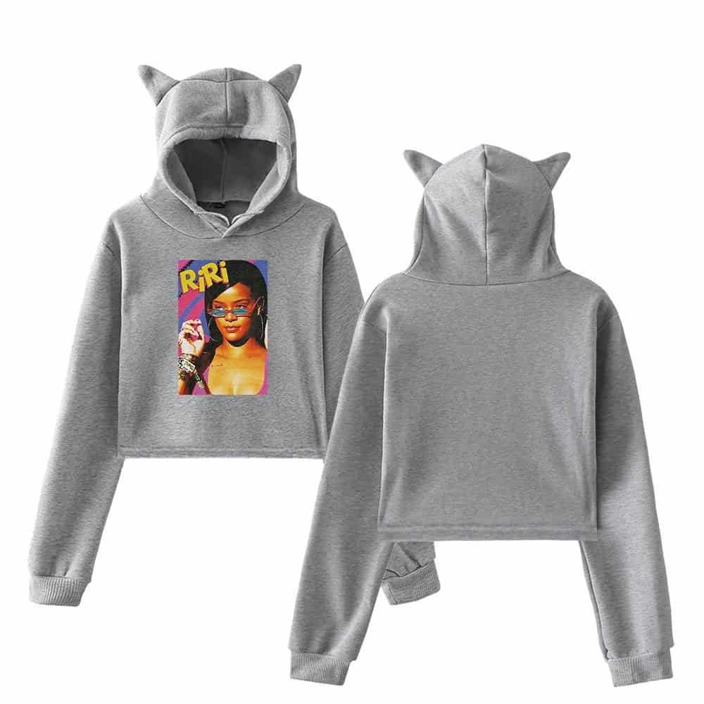 Riri hoodie with cat ears, featuring a colorful graphic of a woman on the front, made of soft gray fabric, perfect for casual wear and trending in the latest cheap apparel collections.