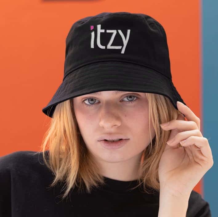 Itzy bucket hat with logo, casual trendy fashion accessory for youth, stylish black hat perfect for streetwear and outdoor wear, latest affordable apparel item.