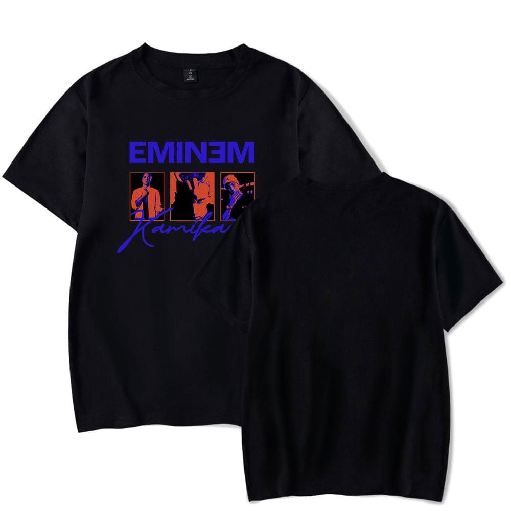 Eminem Kamifa graphic t-shirt in black with vibrant blue and orange design featuring portraits and artistic text.