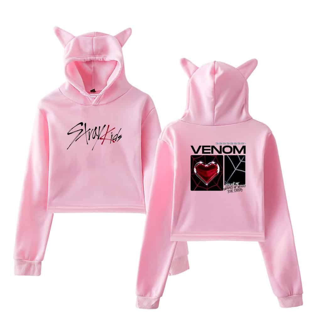 Comfy pink hoodie set with cat ears, "Stray Kids" and "Venom" graphic designs, trendy casual wear, latest affordable apparel for kids and teens, stylish and cozy.